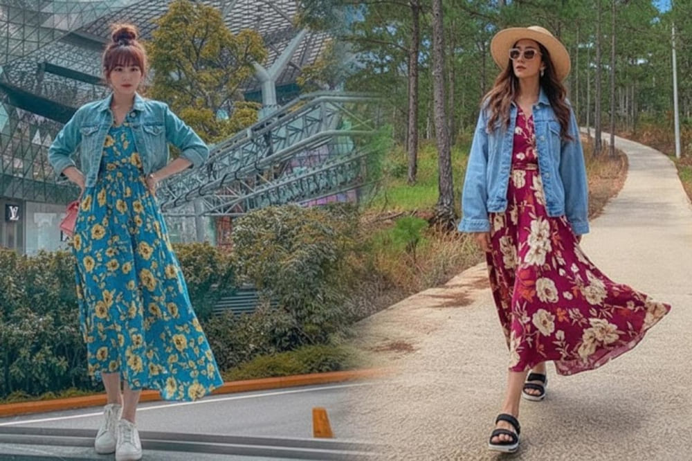 Váy dài kết hợp với áo khoác jean là sự lựa chọn đầy màu sắc khi tham quan Nhà lồng hoa.